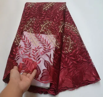 

Wine Red Embroidery African Tulle Mesh Lace Fabrics with Stones High Quality Nigerian Net Lace Fabric for Women Dress XN-003
