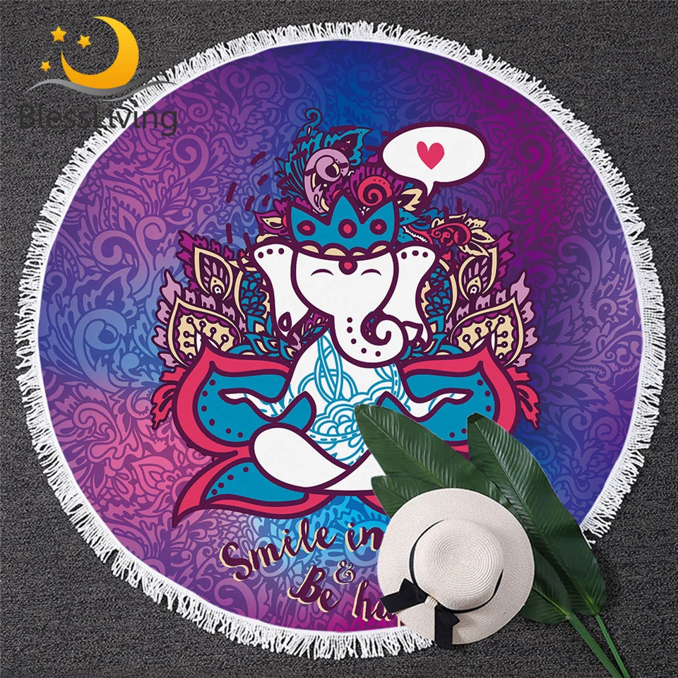 BlessLiving Cartoon Elephant Tapestry Boho Mandala Round Beach Towel God Toalla Sunblock Blanket Ethnic 150cm Picnic Mat | Дом и сад