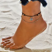 VAGZEB Vintage Boho Double Layer Beads Ankle Bracelet for Women Fashion Sun Pendent Anklet Handmade Foot Chain Beach Jewelry