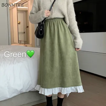 

Vintage Skirts Womens Patchwork High Waist Elastic Skirt Women Ruched Ruffle Elegant Lady A-Line Solid Leisure Chic Retro New