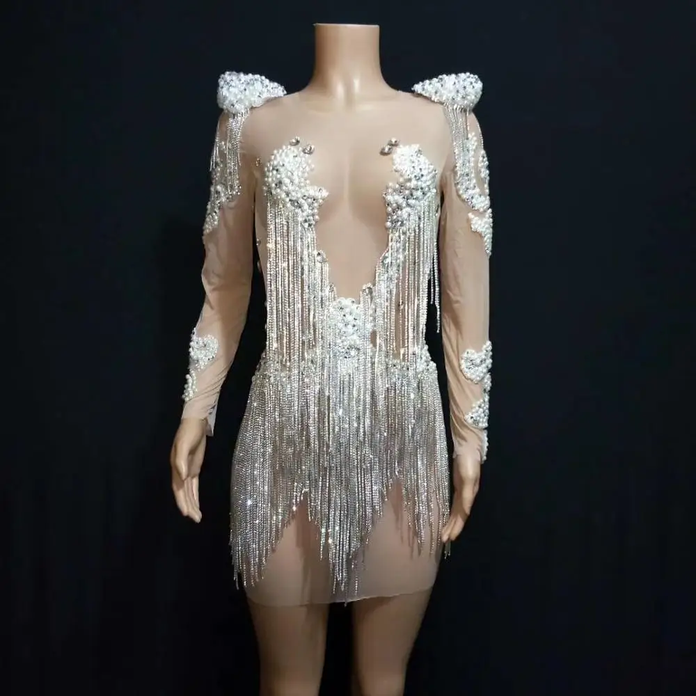 Vrouwelijke Nachtclub Perspectief van Pearl Sequin Fringe Korte Rok Sexy Vrouwen Stretch Skinny Prestaties Kostuums Vrouwen Dance Wear Vrouwelijke Nachtclub Perspectief van Pearl Sequin Fringe Korte Rok Sexy Vrouwen Stretch Skinny Prestaties Kostuums Vrouwen Dance Wear