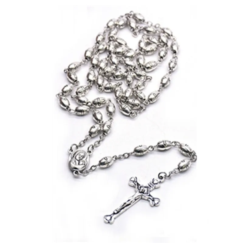 

New Fashion Style Handmade Silver Alloy Catholic Rice Shape Beads Cross Rosary Necklace Beads Fashion Jewelry Accessories Gift