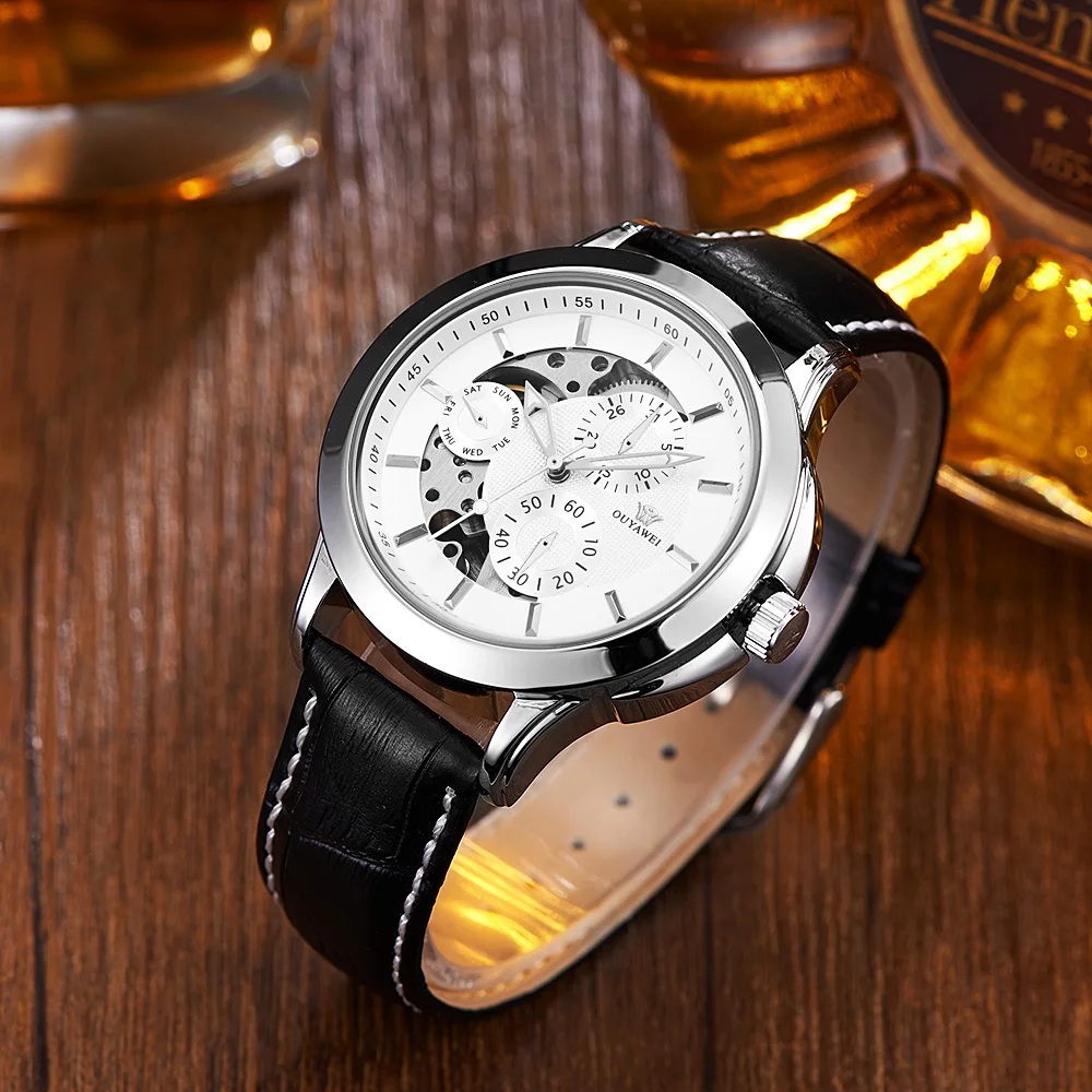 

Original Brand OUYAWEI Analog Watch Men Mechanical Self Wind Watch Leather Strap Luxury Watch Montre Homme Wristwatches Relogio