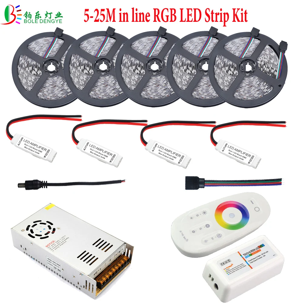 

10M 15M 20M 25M 30M RGB LED Strip With Signal Amplifier In Line For Ceiling Decoration+2.4G LED Controller+12V LED Power Supply