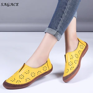 Women Single Shoes Women Hollow Out Round Head Flats Shoe Soft Leather Mom Solid Color Casual Loafers Shoes Woman Tenis Feminino