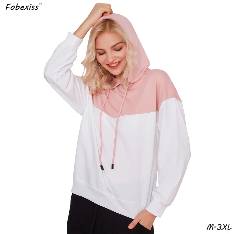 

Pink and White Patchwork Hoodies Sweatshirts Women Long Sleeve Loose Drawstring Hooded Pullovers Korean Style Women Clothing