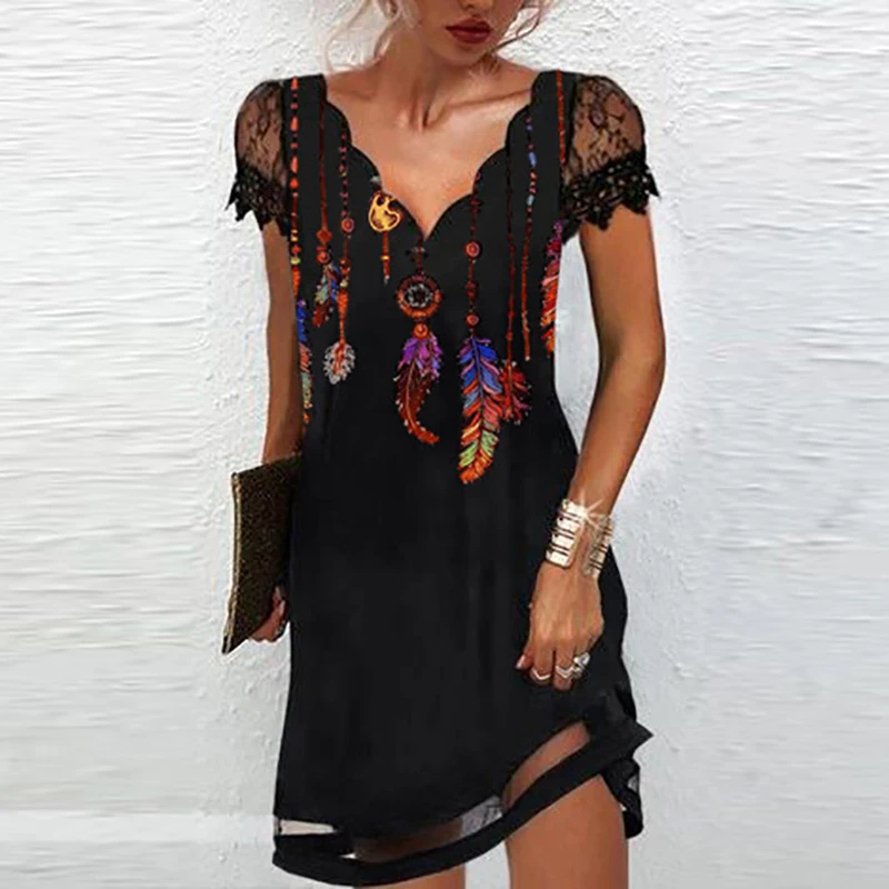 Elegant Dresses for Women V Neck Lace Sleeves Short Dress Women Spring Summer Sexy Ladies Short Sleeve Black Party Dress 2022 monsoon dresses