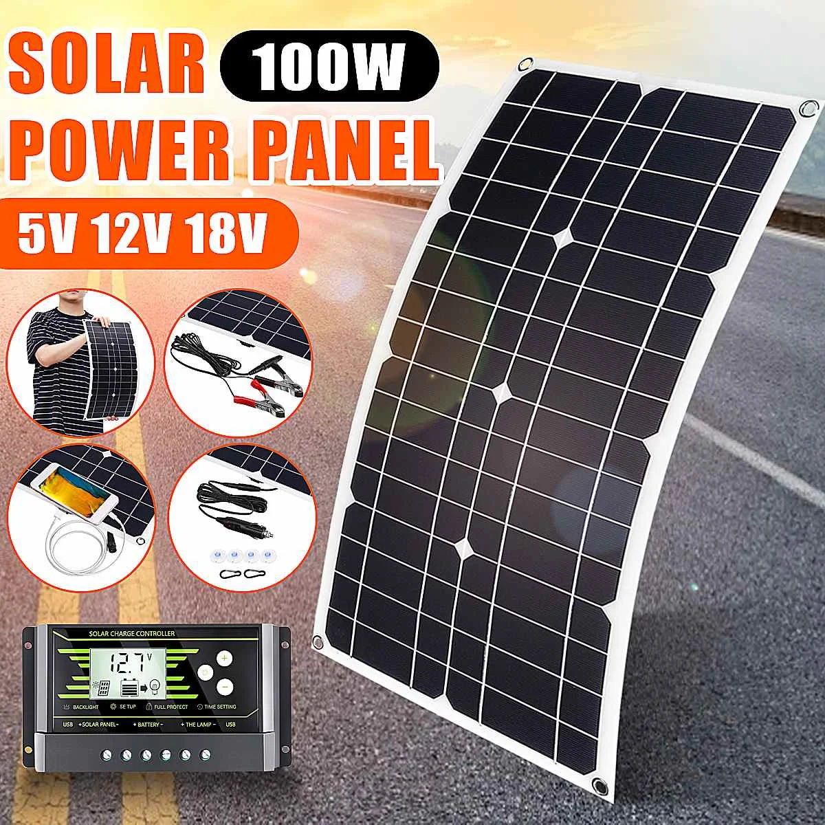 Panel Solar USB de 100W, 5V, CC de 12V con controlador de 10/20/30A, células solares flexibles para coche y yate, cargador de batería resistente al agua, nuevo ► Foto 1/6