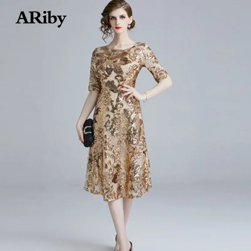 Платье ARiby с вышивкой блестками золотые сексуальные платья 2019 тонкое Тюлевое