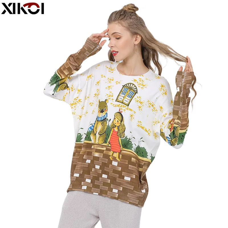 XIKOI Winter Oversized Sweater For Women Cute Bear &amp Girl Print Pullovers Jumper Fashion Knitted Pull Femme Clothes | Женская одежда