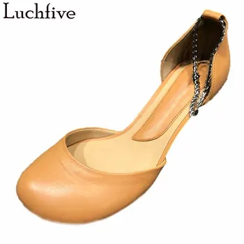 

Chains Genuine Leather Women Sandals Duck Paw Round Toe Ladies Shoes Kitten Heels Apricot Summer Shoes Woman