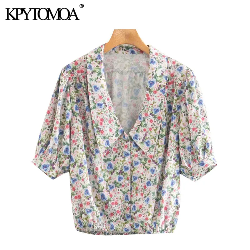 KPYTOMOA-blusas holgadas con estampado Floral para mujer, blusas Vintage con cuello de pico y bajo elástico con botones para mujer 2020