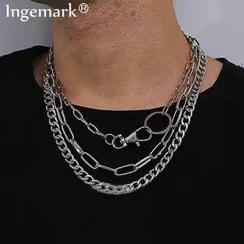 

High Quality Punk Multilayer Silver Color Chain Necklace Steampunk Men Hiphop Cuban Chunky Thick Lock Necklace for Women Jewelry