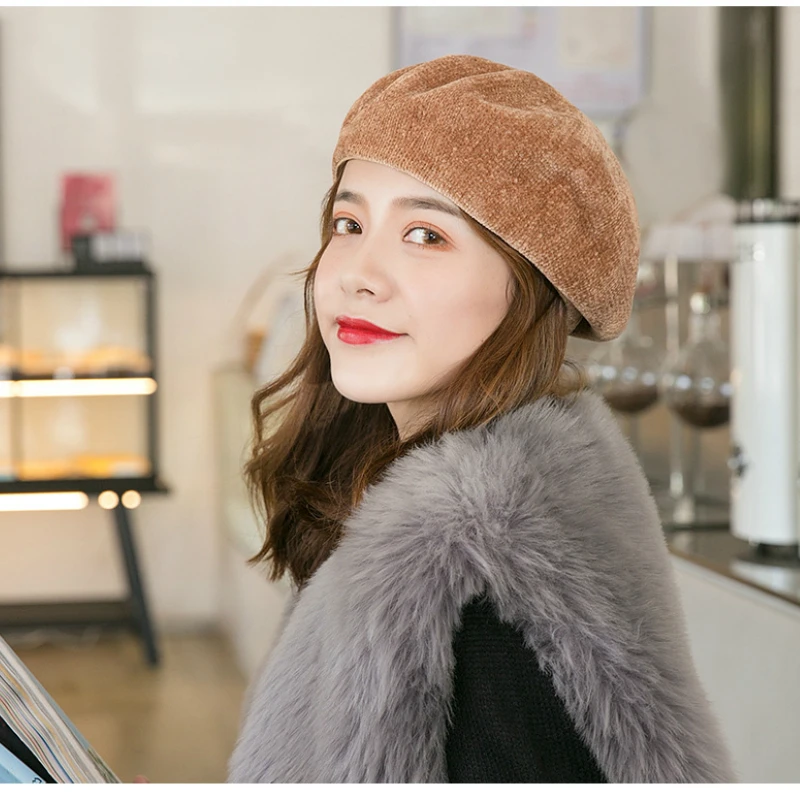 Корейская версия женская зимняя шапка Благородный Великолепный Ретро гриб маляр синель берет женские вязаные теплые шапки-Тыковки