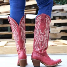 Oeak; классические ковбойские сапоги с вышивкой в ковбойском стиле; женские кожаные женские ковбойские ботинки; обувь на низком каблуке; женские сапоги до колена; женские ботинки