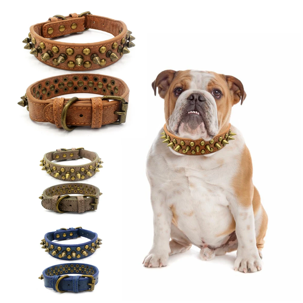 Collar de cuero con tachuelas para perros, correa de Cuello con dorados Retro Para perros pequeños, medianos y grandes, Bulldog francés Pitbull|Collares| - AliExpress