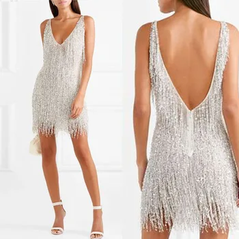 

Deep V Neck Autumn Silver Sequined Backless Sexy Dress Women Off Shoulder Mini Tassel Dress Christmas Party Club Strap Dresses