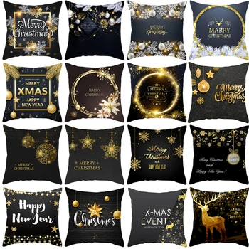 

Black Gold Christmas Pillowcase Cushion Cover Xmas Ornament Merry Christmas Decor For Home Navidad 2020 New Year Decor 2021 45CM