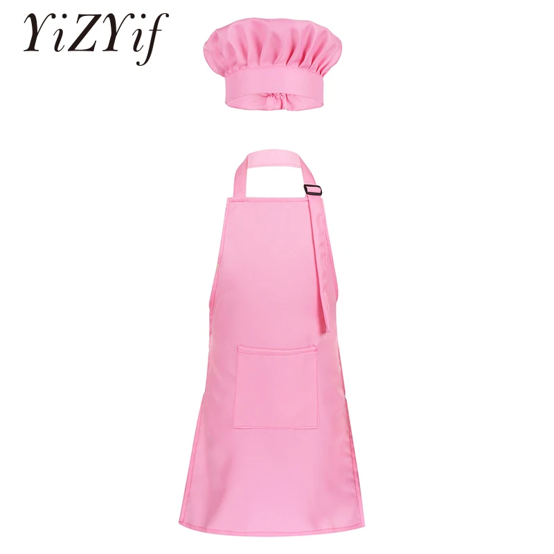 Unisex Kids Adjustable Apron and Chef Hat Set Kitchen Cooking Uniform Baking Painting Training Wear Boys Girls Halloween Costume