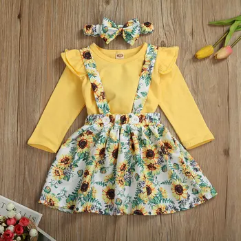 

Pudcoco Newborn Baby Girl Clothes Solid Color Long Sleeve Knitted Cotton Tops Sunflower Print Strap Skirt Headband 3Pcs Outfits
