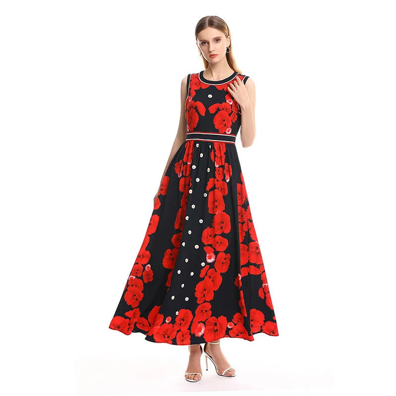 

2020 New Spring Summer Dress Elegant Flower Printed Ladies Dresses High-Waist Dress Women Satin 50% Silk Party Dress Long YQ352