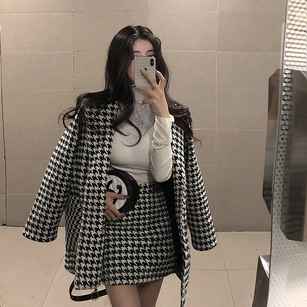 Spring Autumn Two 2 Piece Set Retro Houndstooth Small Fragrance Wind Mid-length Coat High Waist Skirt Women Jackets Elegant Set plus size sweat suits