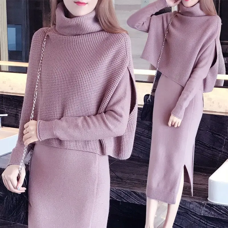 

Women's sweater set NewAutumn Winter Fashion Women Bottoming sweaterTops A-Line dress Knit 2Piece Set Ladies Casual Knitted Suit
