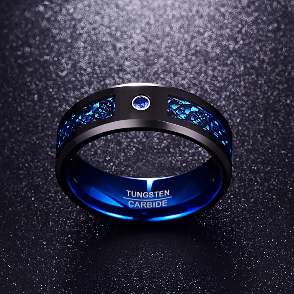 Online Nuncad 8mm de ancho 2,3 MM de espesor de moda anillo azul de carburo de tungsteno con incrustaciones de dragón negro para regalo de joyería de boda Ring t048r