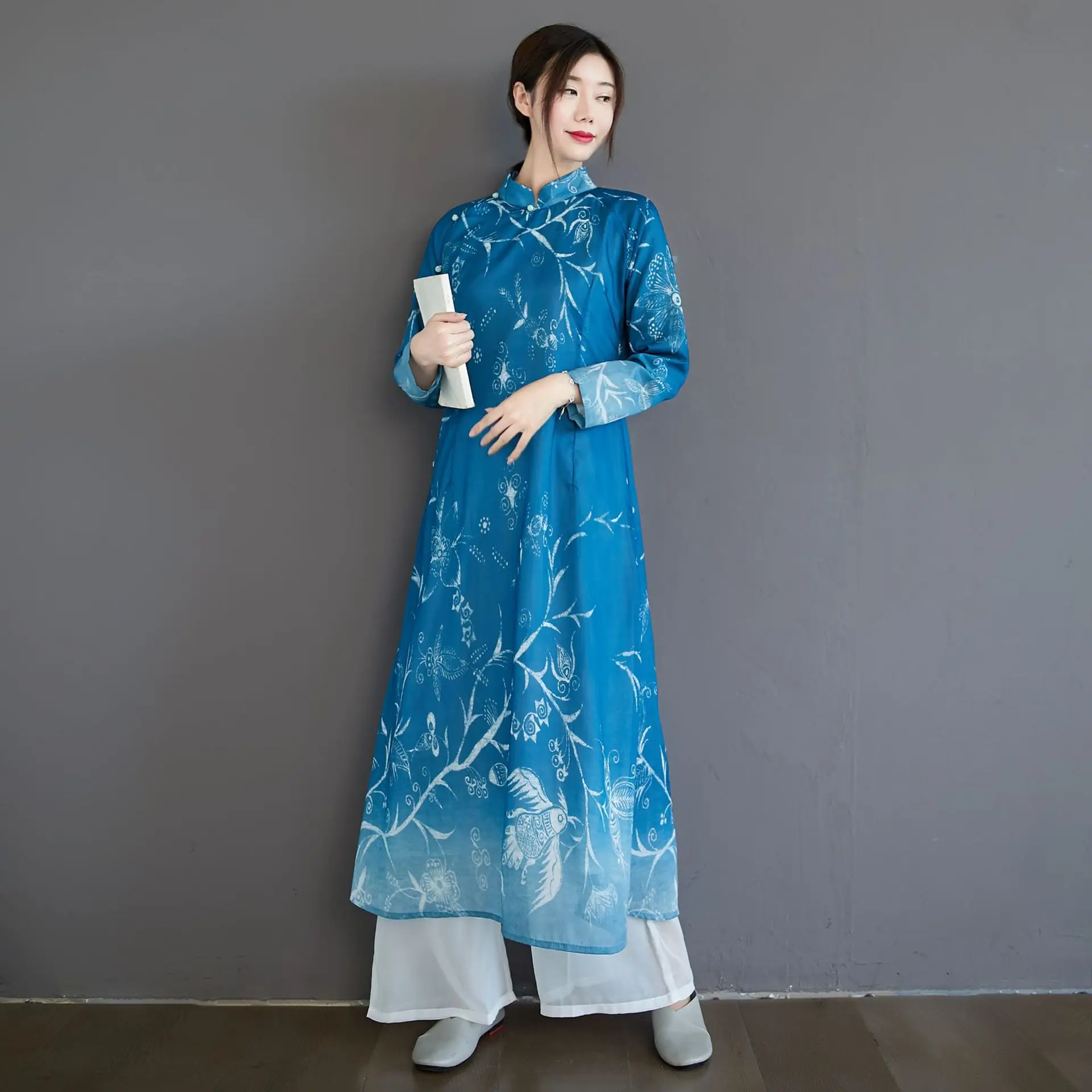 

Original Summer Blue Cheongsam National Wind Length Hanfu Stand Collar with Rotator Cuff Chinese Style Costume elegant dress
