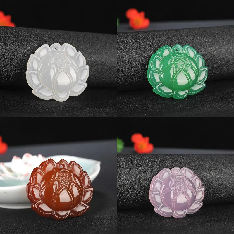 

1PC Natural Green Agate Lotus Jade Pendnat Necklace Chalcedony Carved Charm Jewellery Fashion Amulet for Men Women Lucky Gifts