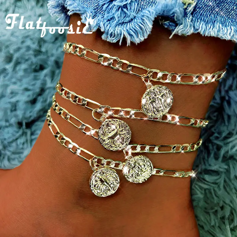 Flatfoosie 2Pcs/Set Fashion 12 Constellations Anklets For Women Simple Gold Color Coin Anklet Boho Summer Beach Foot Jewelry Flatfoosie 2Pcs/Set Fashion 12 Constellations Anklets For Women Simple Gold Color Coin Anklet Boho Summer Beach Foot Jewelry