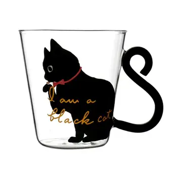 

250ML Transparent Glass Cute Japanese style Cat Print Cup Personality Milk Cup Heat-resistant with Handle for Coffee Tea Wine