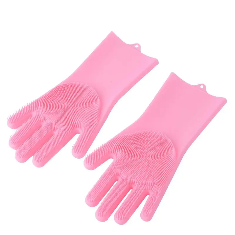 1 Pair Silicone Dishes Washing Glove with Cleaning Brush Kitchen Housekeeping Washing Glove Food Grade Dishwashing Gloves - Цвет: Pink