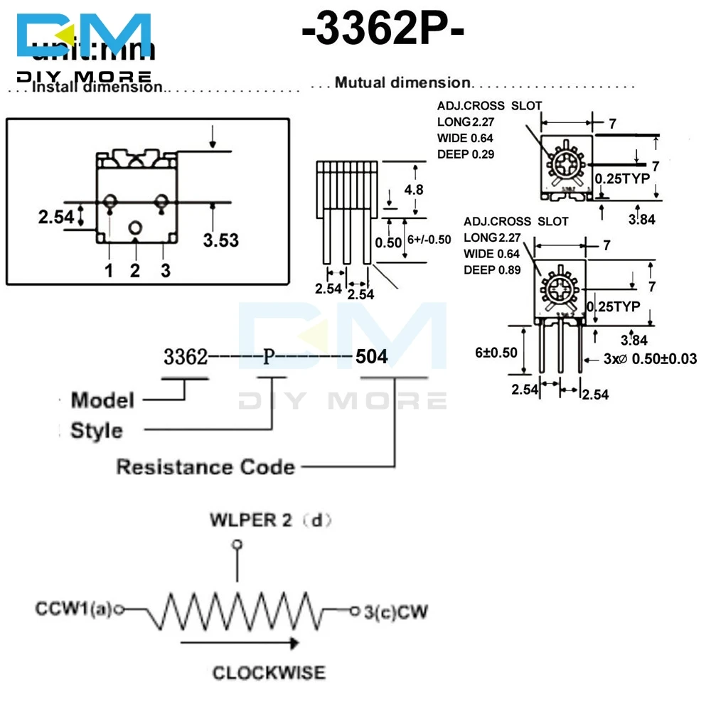3362P Trimmer Potentiometer Variable Resistor 100R-1M Ohm Cermet Trimpot 5PCS