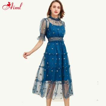 

Designer 2020 Summer Fashion Runway Dress Collar Lantern Short sleeve Sexy Dress Gauze Embroidery Elegant Dresses Female New