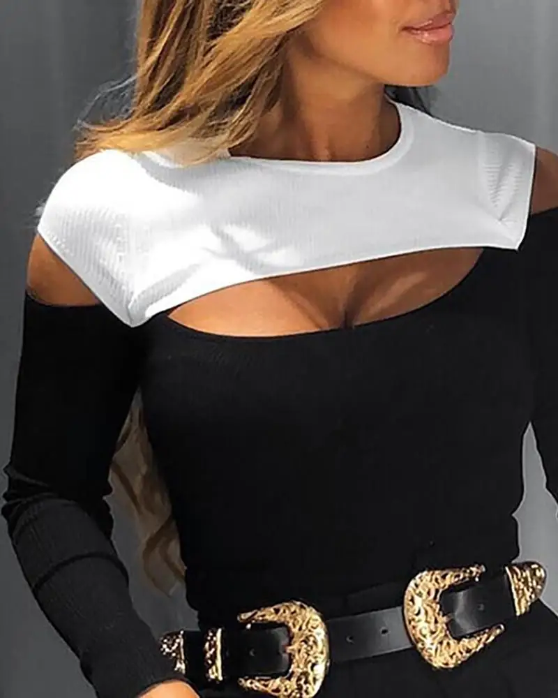 Beste Colorblock Cut Out Ontwerp Lange Mouw T shirt Vrouwen Kleur Patchwork Winter Basic Tops Blusa Mujer T shirt