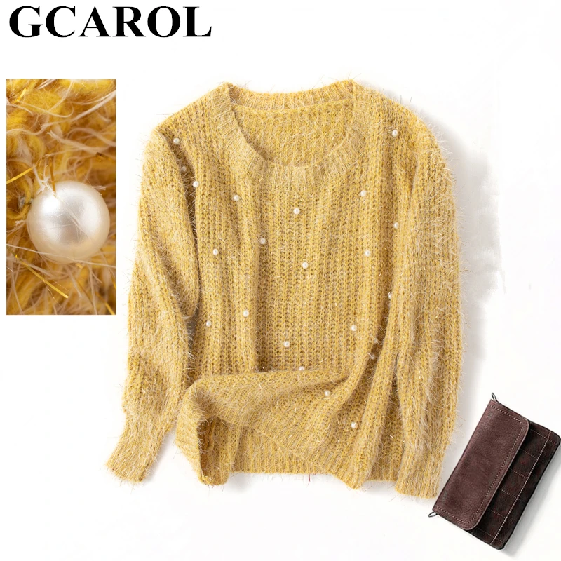 GCAROL женский золотой трикотажный свитер с жемчугом осень зима толстый женский джемпер с О-образным вырезом на плече милый короткий вязаный пуловер - Цвет: Yellow