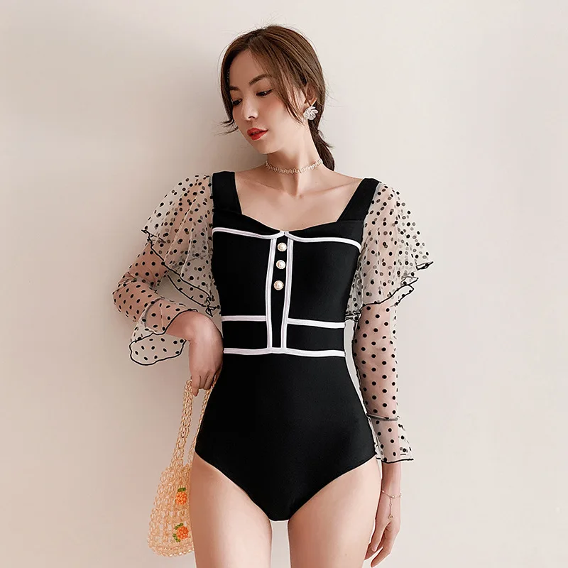 

Korean New Summer Fashion Sexy Lace Solid Patchwork Swimsuit Casual Long Sleeve Backless One Pieces Swimsuit Women Swim Suit