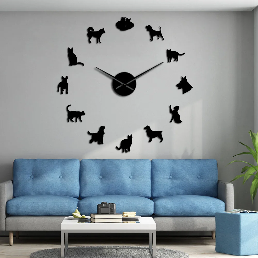 Lovely Dog and Cat DIY Giant Wall Clock Home Decor Wall Art Clock Veterinary Frameless Large Wall Watch Animal Lovers Vet Gifts