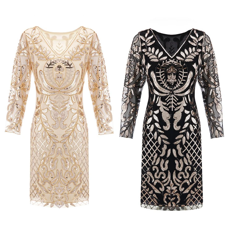 V-neck Long-Sleeve Tulle Embroider Evening Beaded Art Dec Dress Elegant Vintage 1920s Party Dress Great Gatsby Sequin Dress
