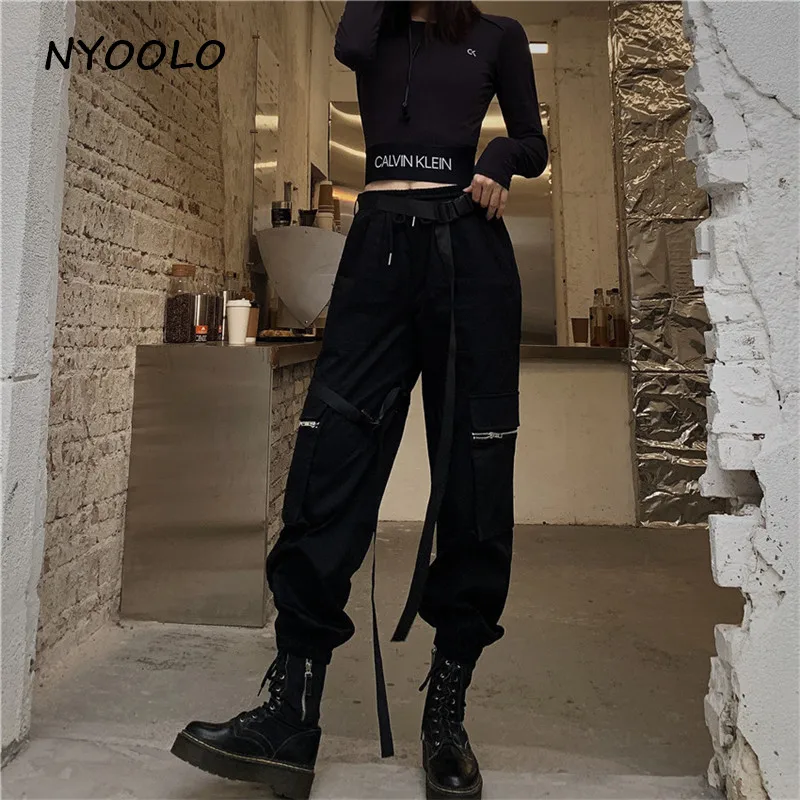 NYOOLO Harajuku дизайнерская лента, большие карманы, высокая талия, брюки карго, повседневная эластичная талия, длинные штаны для женщин и мужчин с поясом