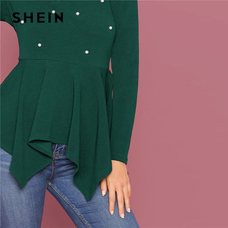 SHEIN Pearl Embellished Hanky Hem Peplum Top Women Spring Autumn Fitted Flared Round Neck Elegant Womens Tops and Blouses