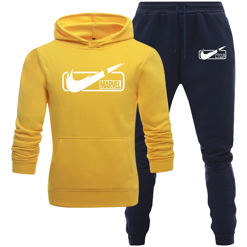 yellow Navy blue Спортивный костюм, мужской комплект, толстовка на молнии+ спортивные штаны, набор для бега, мужские толстовки, набор для фитнеса, бодибилдинга, бегунов, мужской спортивный костюм - Цвет: yellow Navy blue