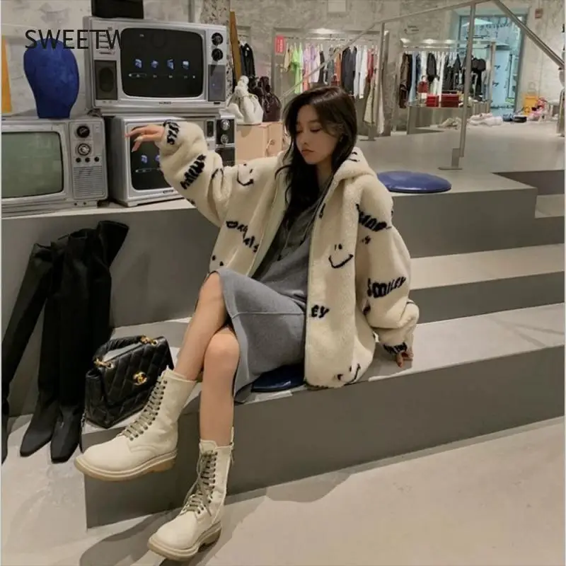 2021 New Mid-Length Hooded Korean Faux Fur Jacket Women's Fleece Smiling Face Streetwear Thicken Warm Fur Jacket