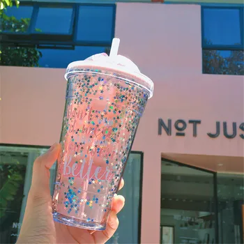 

420ml Straw Cup Water Bottle Cool Summer Milk Juice Coffee Sippy Bottle Girl Student Double Layer Sequin Plastic Cup Drinkware