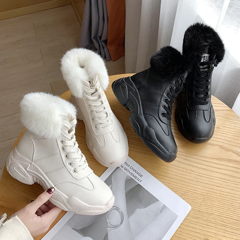 Новые зимние ботинки на толстой подошве с теплым мехом, плюшевые кожаные зимние кроссовки на шнуровке, черные, белые ботинки, зимние ботинки