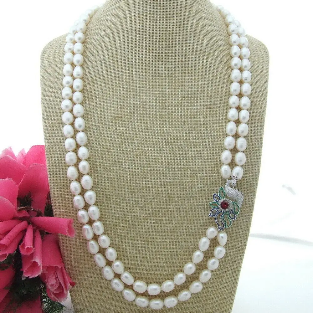 

S111504 30'' 2 Strands White Rice Pearl Necklace CZ Pendant