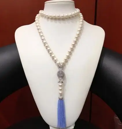 Hand knotted natural 75+15cm 8-9mm white freshwater pearl micro inlay zircon clasp blue glass tassel necklace fashion jewelry | Украшения и