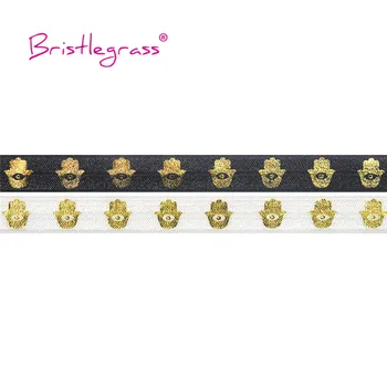 

BRISTLEGRASS 5 Yard 5/8" 15mm Gold Evil Eye Hamsa Hand Foil Print Fold Over Elastic FOE Spandex Satin Band Headband Dress Sewing