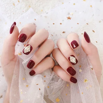 

24pcs Wine Red False Nails Full Cover Artificial Diamond Rhinestone Design Short Square Fake Nails with Glue Wedding Bride Style